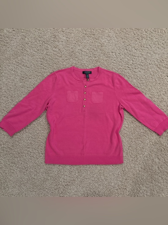 Lauren Ralph Lauren Tops - Lauren Ralph Lauren Women’s Petite Size Large Pink 3/4 Sleeve Gold Button Top